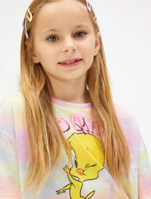 Resim Kız Çocuk Tweety Tişört Lisanslı Oversize Kısa Kollu Bisiklet Yaka Batik Desenli 