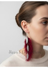 Resim Bohem Bordo Tüy & Yaprak Figürlü Uzun Sallantılı Küpe. Modern Boho Vintage Stil 