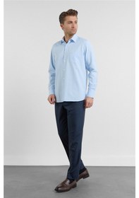 Resim İmza Mavi Kendinden Desenli Sert Yaka Uzun Kol Cepli Comfort Fit Pamuklu Gömlek 1004255225 