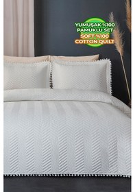 Resim Evlen Home Ponponlu %100 Pamuk Tek Kişilik Günlük Yatak Örtüsü Pike Takımı Seti Krem / Kırık Beyaz 