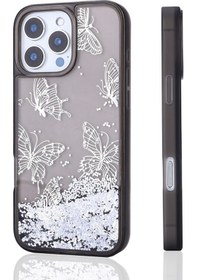 Resim İphone 14 Pro Max Uyumlu Kılıf Sıvılı Simli Kelebek Baskılı Şeffaf Arka Yüzey Zore Glis Silikon Kapa Mor 