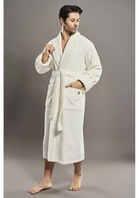 Resim Yaka Fitilli %100 Organik Cotton Cotton Erkek Bornozu Krem 