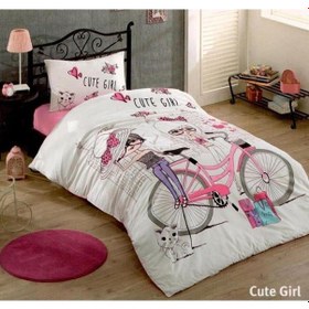 Resim Kristal Tek Kişilik Genç Odası Cute Girl Nevresim Takımı, Çarşaf, Yastık 160 X 220 Beyaz Desenli 