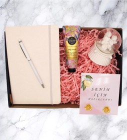 Resim Hediye Kutusu - Defter & Kalem & Kar Küresi & Krem 