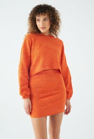 Resim Helezon Desenli Kapüşonlu Turuncu Crop Sweat 