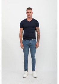 Resim Erkek Süper Skinny Fit Düşük Bel Dar Kesim Dar Paça Likralı Mavi Jean Pantolon Mavi 