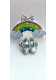 Resim Kız Bebek Lame Gümüş Parlak Fiyonklu Patik Ve Bandana Seti Gümüş 