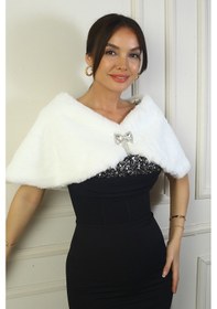 Resim Kadın Broşlu İçi Astarlı Bolero Beyaz 