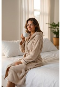 Resim % 100 Pamuklu Laodikeia Kapşonlu Unisex Kadın Erkek Bornoz Bej 