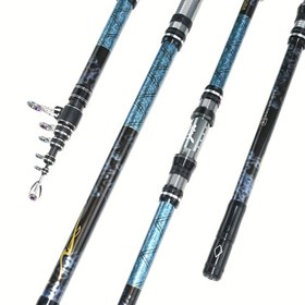 Resim 1 Paket Sada Karbon Fiber Teleskopik Olta Kamışı, Katlanabilir Hat Kılavuzu ile 3.6m-4.5m (11.81ft-14.76ft), Süper Sağlam, Taşınabilir Metal Oturak, Plaj Atışları için İdeal, Tuzlu ve Tatlı Su Balıkçılığı, Mavi 