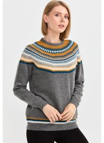 Resim Desen Triko Kadın Sıfır Yaka İşleme Desenli Yün Kazak 0242086 Füm Füme 