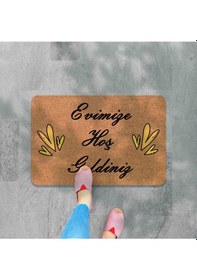 Resim Modern Dijital Baskı - Hoş Geldiniz Yazalı Paspas - Kaymaz Taban Kapı Önü Paspası Bej 