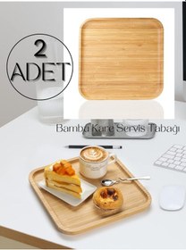 Resim 2 Adet Bambu Kare Servis Tabağı, Sunum Seti 20x20 Cm Kahverengi 