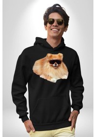 Resim Pomernian Köpek Kadın Erkek Siyah Kapüşonlu Sweatshirt Hoodie Siyah 
