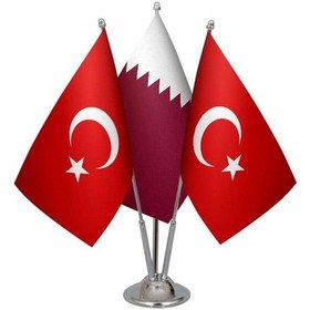 Resim Masa Üstü Katar Bayrağı Türk Bayrağı Üçlü Krom Direk Masa Bayrak 