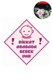 Resim HAPPY NESSO "DİKKAT ARABADA BEBEK VAR" Araba Camı Stickerı TOKALI, PEMBE Uyarı Etiketi 10x10 cm 