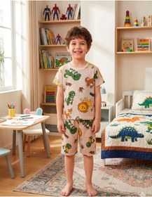 Resim Aliş Kids Erkek Çocuk Pamuklu Bej Rengi Safari Desenli Kısa Kollu Şortlu Yazlık Pijama Takımı 
