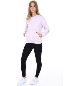 Resim Toontoy Kız Çocuk 2'li Takım Baskılı Bisiklet Yaka Düşük Omuz Cepli Sweatshirt & Basic Düz Tayt Açık Lila 