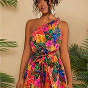 Resim Kadınlar İçin Tek Omuzlu Tropikal Çiçek Desenli Jumpsuit - Hafif, Makinede Yıkanabilir Yazlık Tatil Kıyafeti, Ayarlanabilir Bağcıklı Bel, Bohem Plaj Giysisi ve Günlük Kullanım için 