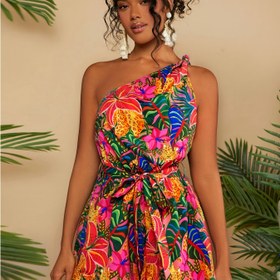 Resim Kadınlar İçin Tek Omuzlu Tropikal Çiçek Desenli Jumpsuit - Hafif, Makinede Yıkanabilir Yazlık Tatil Kıyafeti, Ayarlanabilir Bağcıklı Bel, Bohem Plaj Giysisi ve Günlük Kullanım için 
