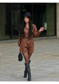 Resim Zara Model Şardonlu Deri Tulum Beli Kuşaklı Camel 