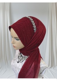Resim Aksesuarlı Bordo Tektek Model Hazır Duvak Hazır Şal Hazır Türban 