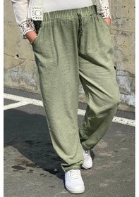 Resim Mia Butik Büyük Beden Yeşil Beli Lastikli Keten Pantolon Yeşil 
