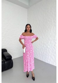 Resim Dipmoda Kadın Yazlık Madonna Yaka Desenli Viskon Elbise Dpg022 Pembe 