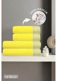 Resim %100 Pamuk 4'lü Sarı Havlu Seti - 2 Adet El Havlusu Ve 2 Adet Banyo Havlusu Sarı 