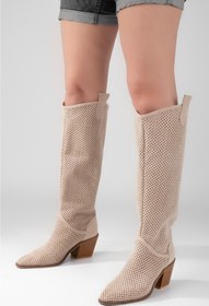 Resim POTEEN PTN Semafre Kadın Western Kowboy Topuklu Yazlık Çizme Bej 