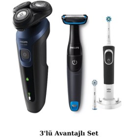 Resim Philips S5445 Islak/Kuru Sinek Kaydı Tıraş Makinesi - Banyo Vücut Tıraş - Oral-B Diş Fırçası 3'lü Set 