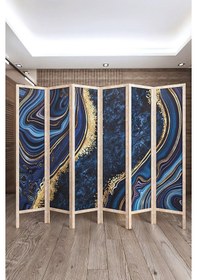 Resim Doğal Ahşap Soyut Tek Taraf Baskılı 6 Kanat Paravan 000082 