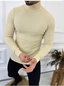 Resim Elku Moda Kazak Slim Fit Tüylenmez Naturel Pamuk Triko Boğazlı Balıkçı Yaka Kazak Krem 
