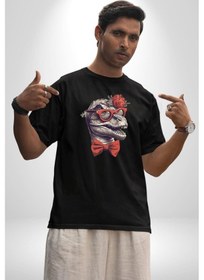Resim Kırmızı Gözlük Papyon Dinazor Pamuklu Bisiklet Yaka Unisex Oversize Boyfriend Dijital Baskılı Siyah T-shirt Siyah 