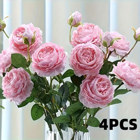 Resim 4'lü Paket Gerçekçi İpek Şakayık Buketleri - Düğün, Sevgililer Günü Dekorasyonu, Kendin Yap El Sanatları, Ev Dekorasyonu için Yumuşak Pembe ve Beyaz Çiçeklerle 3 Başlı Canlı Görünümlü İpek Çiçekler, Yeşil Yapraklı - Bakım Gerektirmeyen İpek Masa Süsleri 