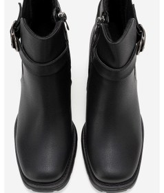 Resim Luvishoes Luvi Shoes Heile Siyah Cilt Tokalı Kadın Kalın Topuklu Bot Siyah 