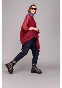Resim Bohem Stil İtalyan Yarasa Kol İpek Bluz & Pantolon Takım-8767 Bordo 