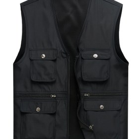 Resim Erkeklerin Günlük Siyah Çok Cepli Yeleği - Dayanıklı Polyester, V-Yaka, Tüm Mevsimler Açık Hava Ekipmanları Ayarlanabilir Askılı, Günlük Açık Hava Giyim|Ayarlanabilir Askılı Yelek|Polyester Fiber Yelek 