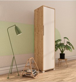 Resim Flora 1 Kapaklı 5 Raflı Gardırop Safir Meşe - Beyaz Elbise Dolabı 