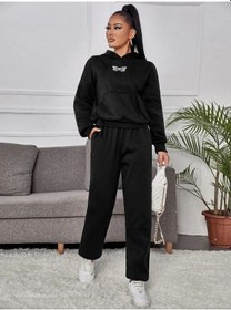 Resim Çift Kelebek Eşofman Takımı Sweatshirt Jogger - Siyah Baskılı Oversize Şardonlu Kapüşonlu Siyah 