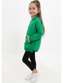 Resim Toontoy Kids Toontoy Kız Çocuk 2'li Takım Baskılı Kapüşonlu Düşük Omuz Cepli Yırtmaçlı Sweatshirt & Basic Düz Tayt Çimen Yeşili 