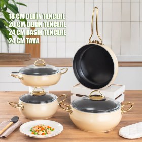 Resim Lines Yonca Güveç 7 Parça Altın Kulp Küre Tencere Seti Krem 