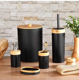 Resim Bersachef Limpia Bambu Desenli 5'li Banyo Seti Çöp Kovası Sıvı Sabunluk Diş Fırçalık Kutusu Banyo Seti Siyah 