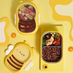 Resim Su Geçirmez Karikatür Arı Yalıtımlı Yemek Kutusu - Paslanmaz Çelik Bento, Öğrenciler ve Çalışanlar için Gıda Dereceli Bölmeli Termal Yemek Kabı, Elde Yıkanabilir 