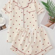 Resim 1 Set Kadın Plus Beden Casual Pijama Seti - Polyester Kısa Kollu Gömlek, Yaka Kollu, Çiçek Desenli, Şerit Detayı ve Slight Stretch ile Şort - Rahat Dokulu Uyku Giysileri 