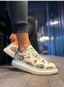 Resim Shoecide Yüksek Taban Renkli Baskılı Günlük Ayakkabı 046 Beyaz Kurukafa Beyaz Kurukafa Beyaz 
