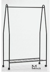 Resim Tekerli Metal Elbise Askılığı Taşınabilir Ve Dayanıklı Raflı Giysi Standı Kıyafet Organizeri Siyah Siyah 
