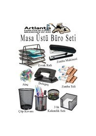 Resim Masa Üstü Ofis Paketi 9 Parça Metal Evrak Rafı Metal Kalemlik Zımba Makinesi Teli Delegeç Çöp Kovası Küp Notluk Siyah 