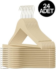 Resim 24 Adet Ahşap Görünümlü Plastik A Kalite Krem Elbise Askısı 
