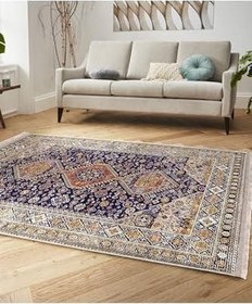Resim RealHomes Lacivert Zeminde Uşak Motifli Kilim Desenli Avangarde Vintage Yatak Odası Kaymaz Taban Saçaklı Halı HaliDik-Deluxe-11486, 80 x 200 